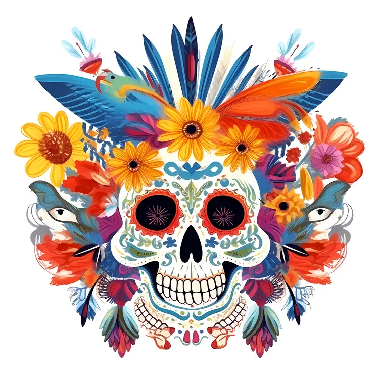 Colorful Sugar Skull with Flowers and Feathers for Day of the Dead