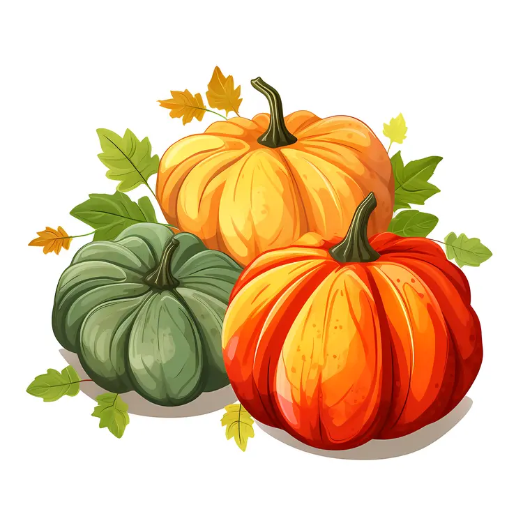 Three Pumpkins with Autumn Leaves
