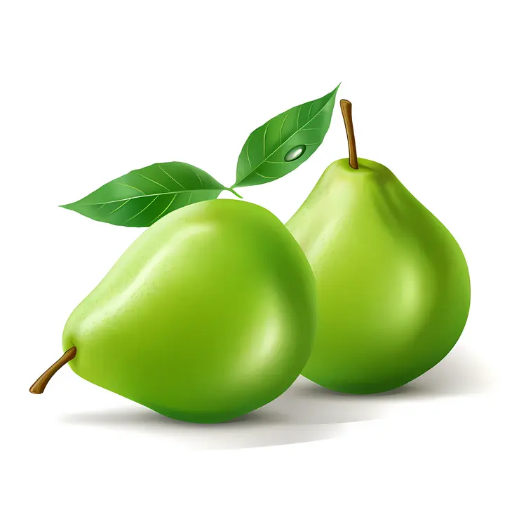 Two Green Pears with Leaf