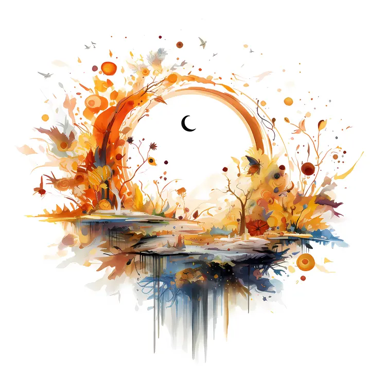 Autumn Scene with Crescent Moon and Water
