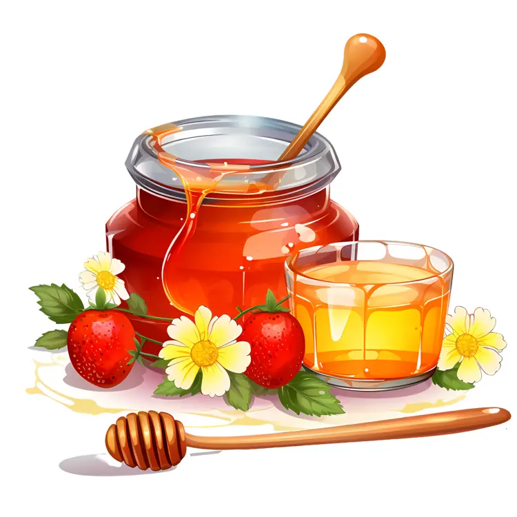 Honey Jar with Strawberries and Flowers
