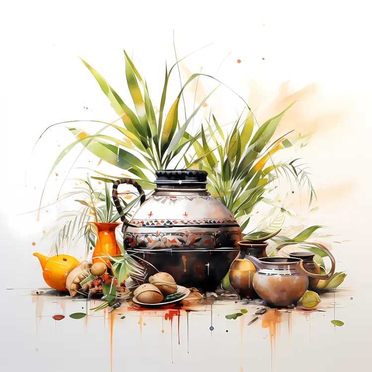 Decorative Pot with Plants and Fruits