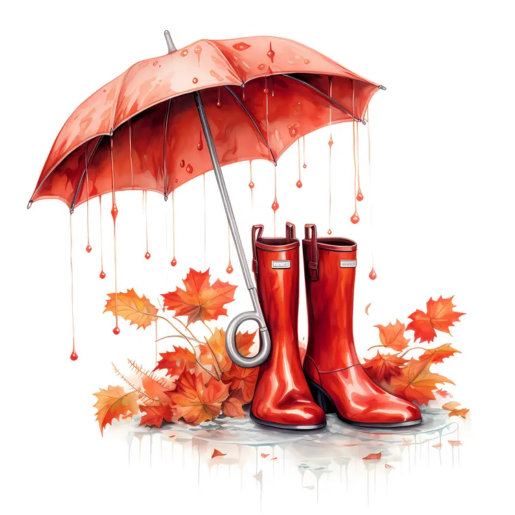 Red Umbrella and Boots with Autumn Leaves