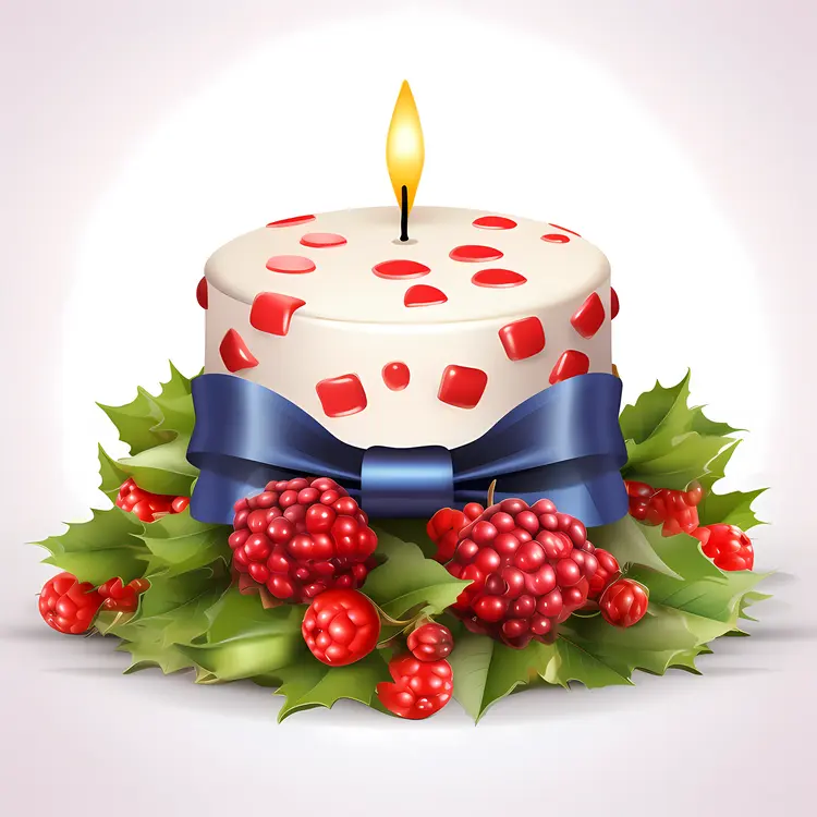 Festive White Candle with Red Dots and Blue Bow