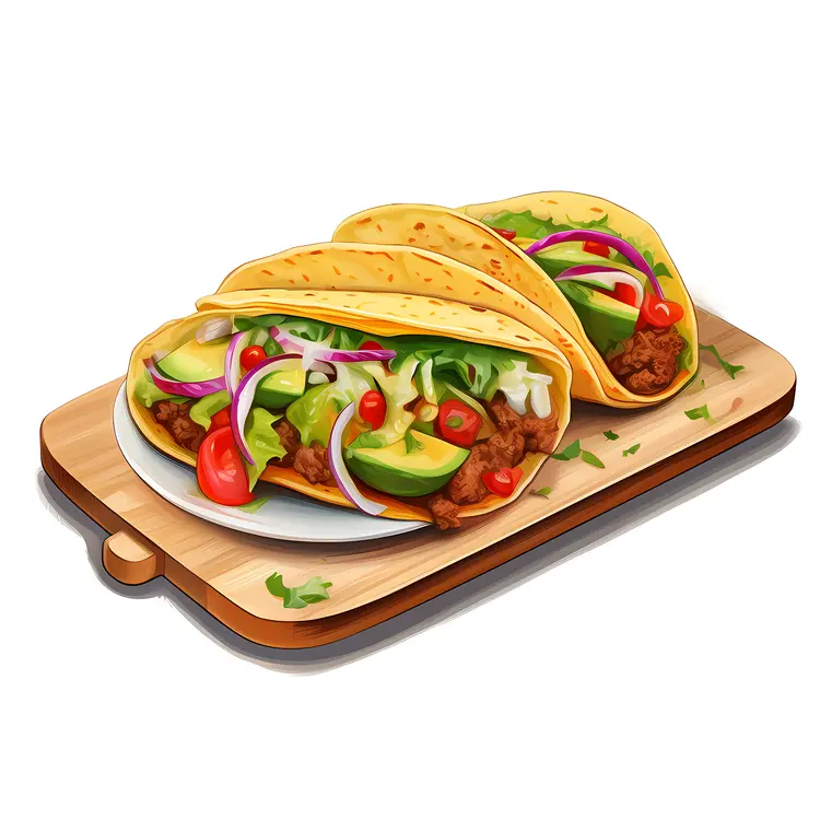 Delicious Tacos with Fresh Vegetables on Cutting Board
