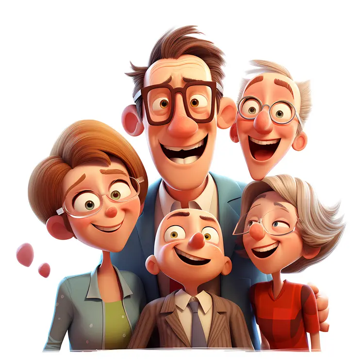 Cartoon Family Portrait with Grandparents