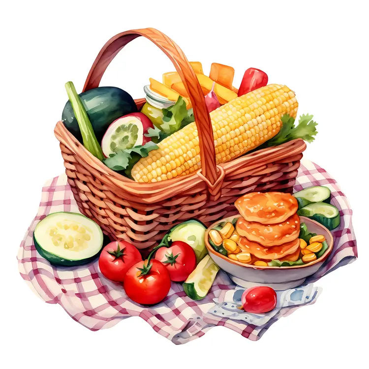 Picnic Basket with Fresh Vegetables and Snacks
