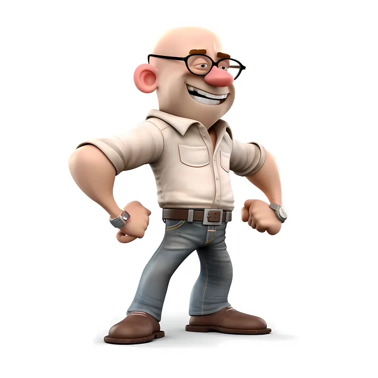 3D Cartoon Bald Man with Glasses