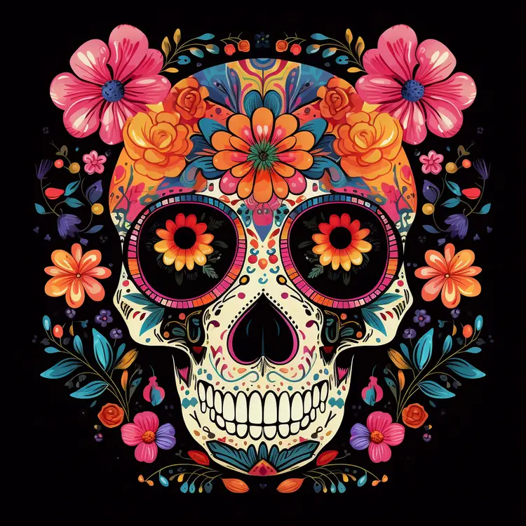 Colorful Sugar Skull with Floral Decorations for Day of the Dead