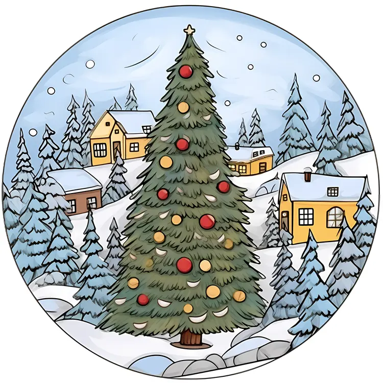 Decorated Christmas Tree in Snowy Village