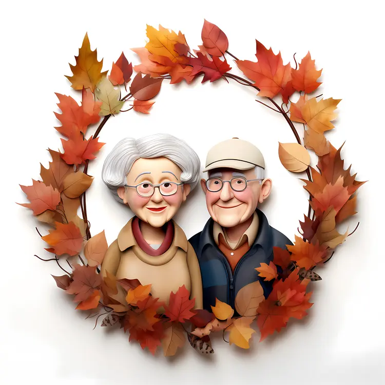 Elderly Couple Surrounded by Autumn Leaves Wreath