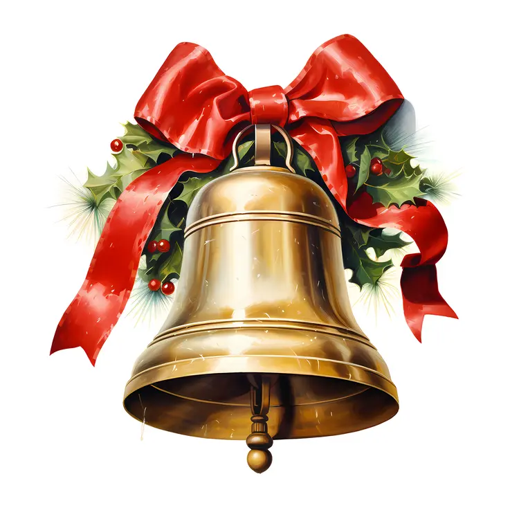 Golden Bell with Red Bow and Holly
