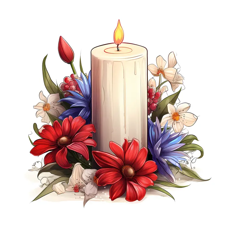 White Candle with Colorful Floral Arrangement