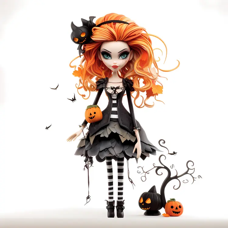 Spooky Halloween Doll with Orange Hair and Black Costume