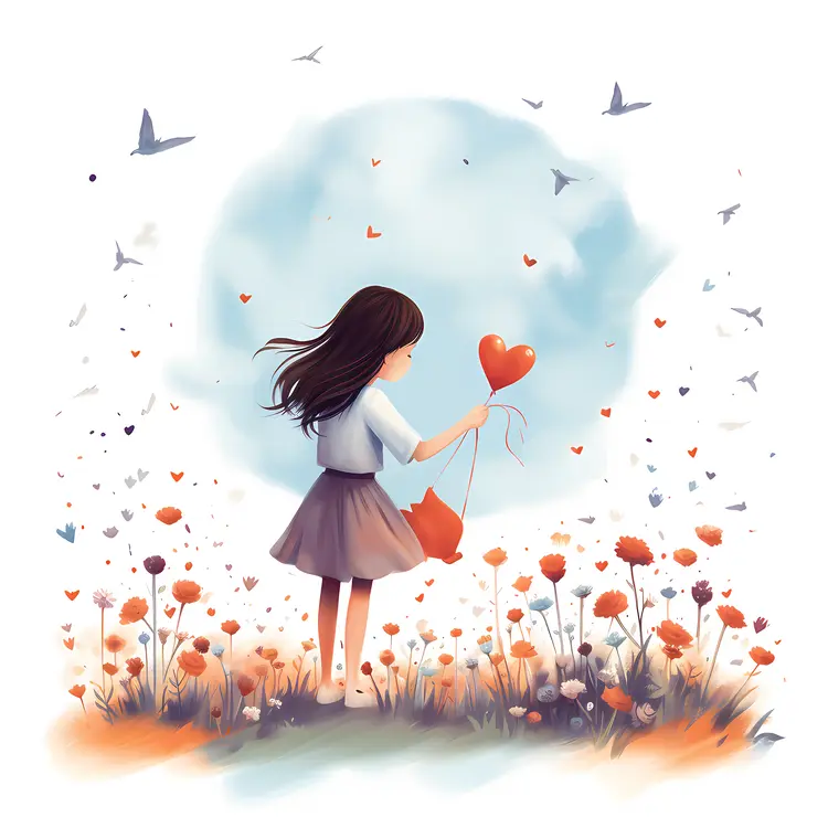 Girl Holding Heart Balloon in Nature
