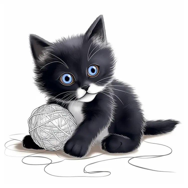 Cute Black Kitten Playing with Yarn Ball