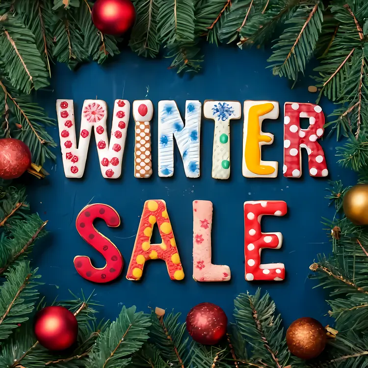 Colorful Winter Sale Text with Christmas Decorations