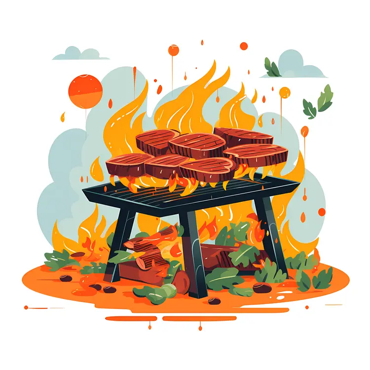 Grilled Meat on Barbecue with Flames
