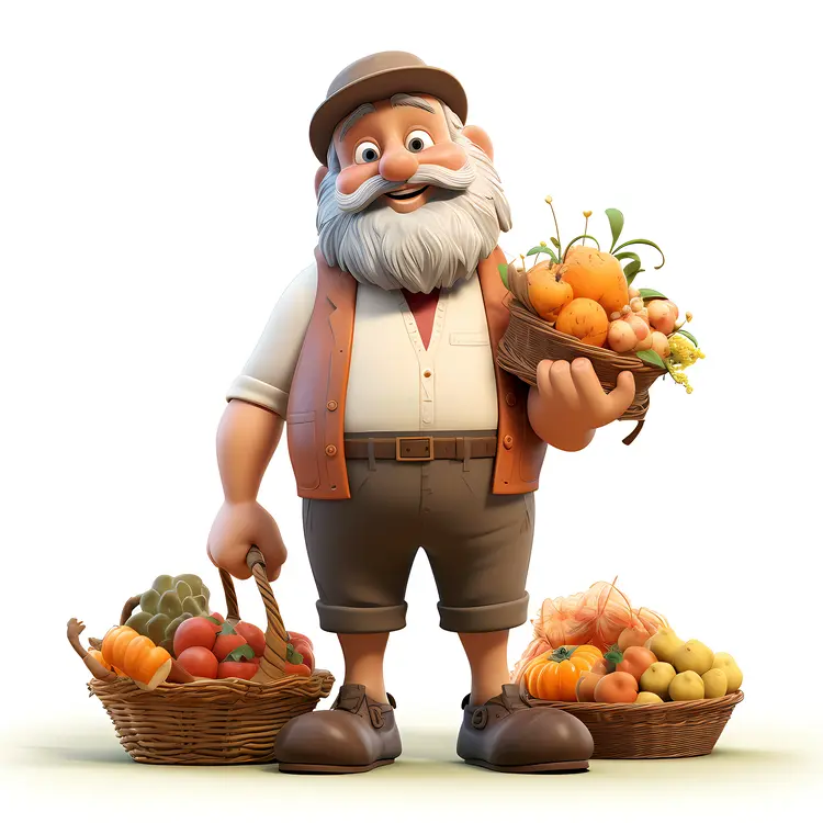 Cartoon Farmer with Baskets of Fruits and Vegetables