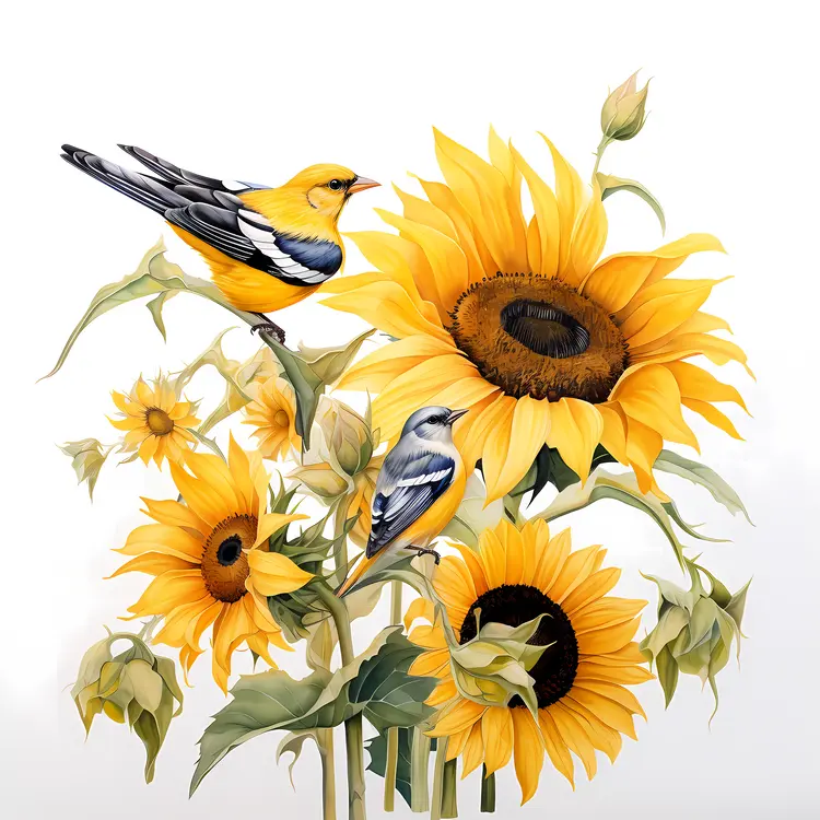 Beautiful Sunflowers with Birds in Nature