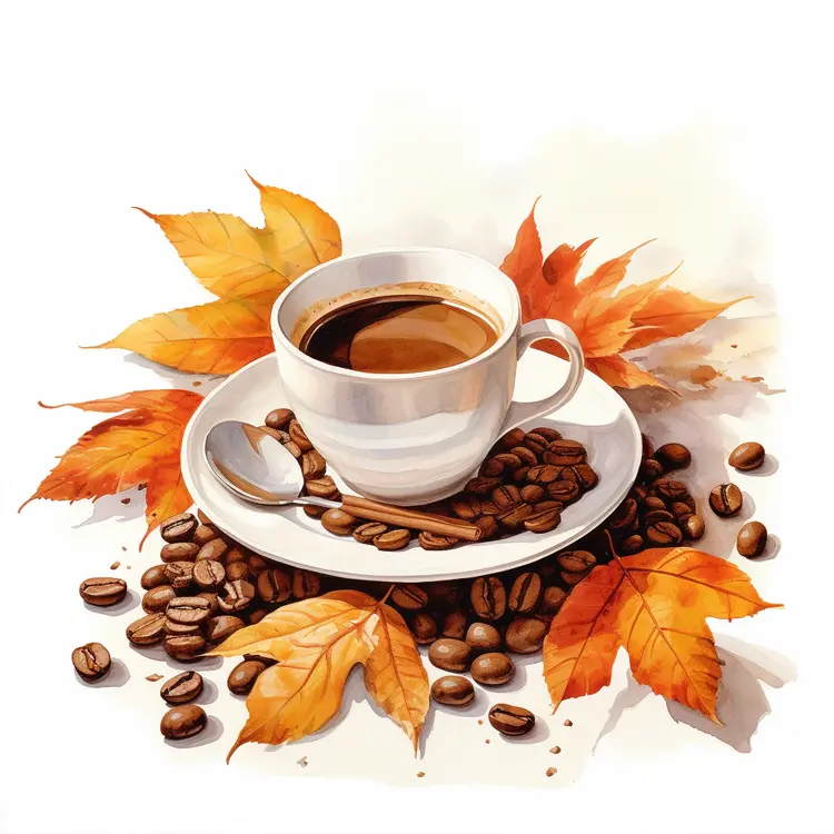Cup with Coffee Beans and Autumn Leaves