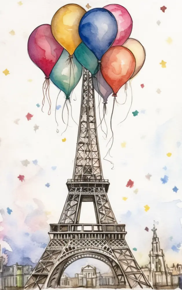 Eiffel Tower with Colorful Balloons Illustration