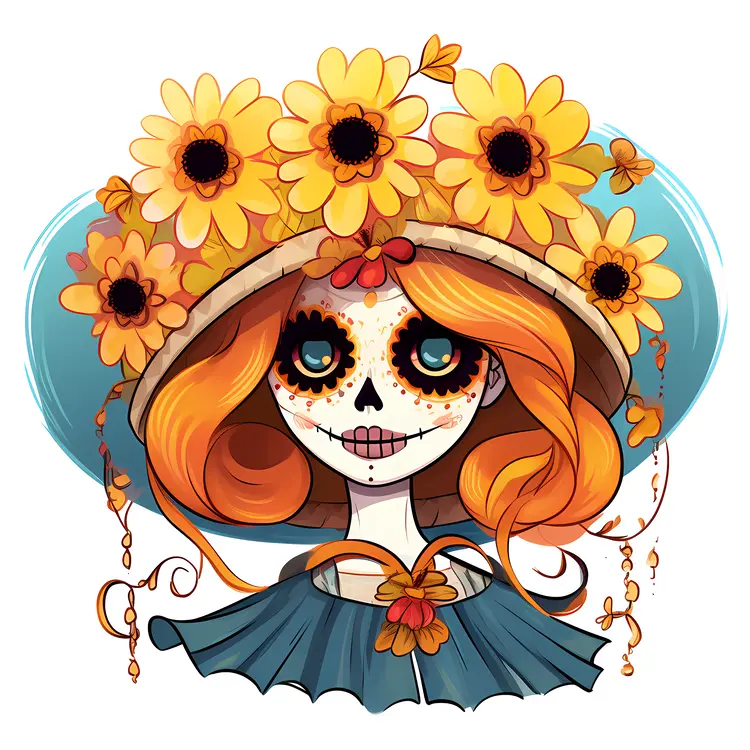 Beautiful Sugar Skull with Floral Hat for Day of the Dead Celebration