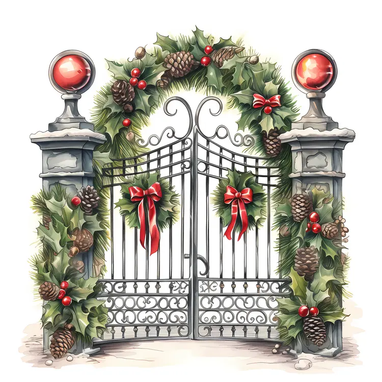 Gate with Pinecone and Holly Decorations