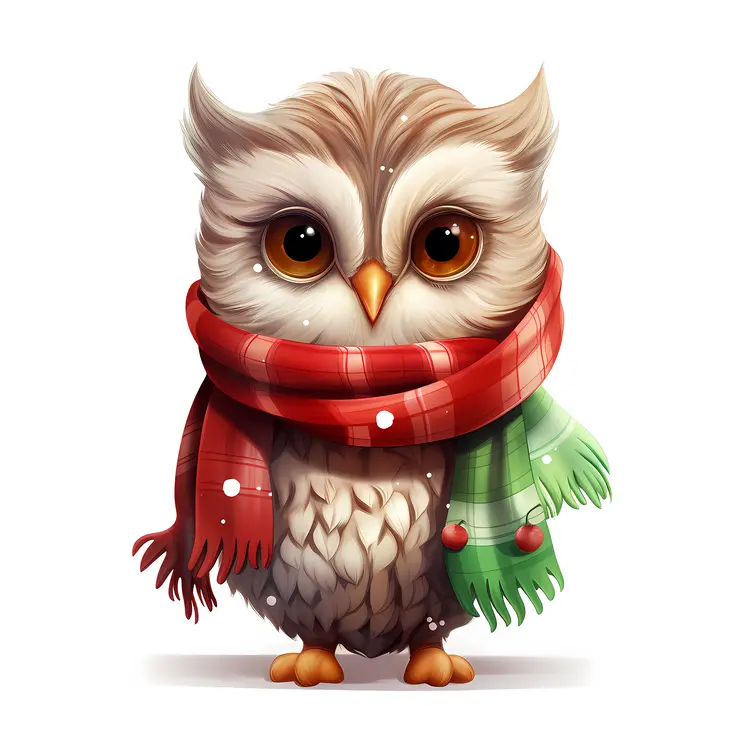 Adorable Owl with Plaid Scarf in Winter