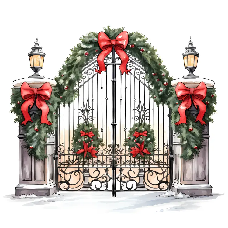 Gate with Christmas Garland and Red Bows