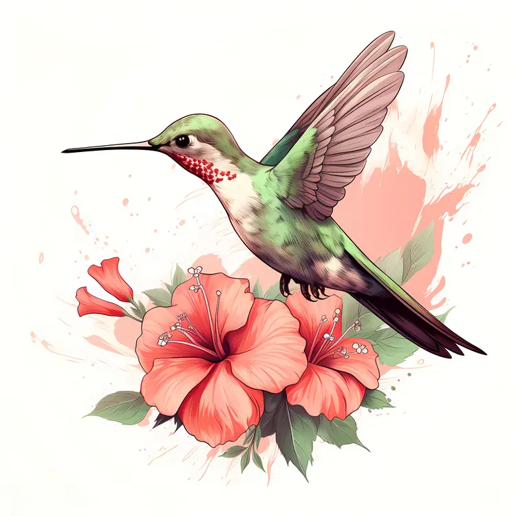 Hummingbird with Pink Hibiscus Flowers
