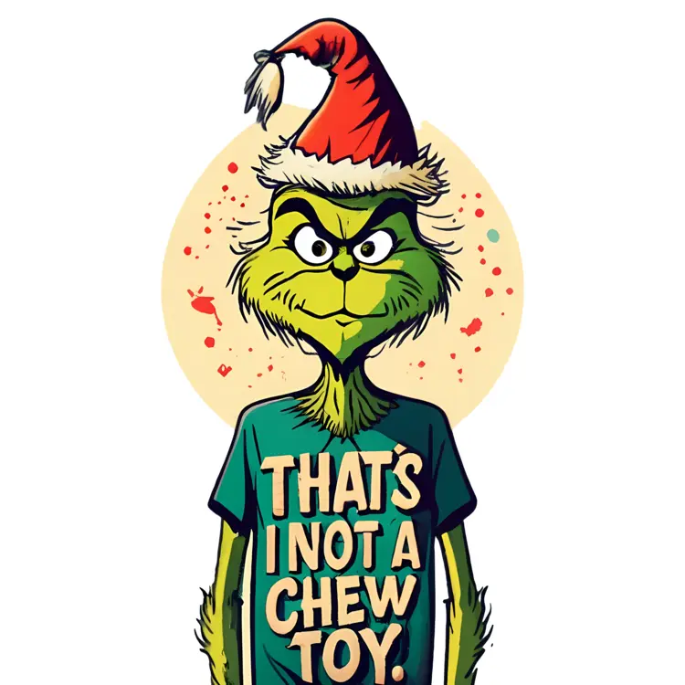 Grinch in Santa Hat with 'THAT'S NOT A CHEW TOY' Shirt