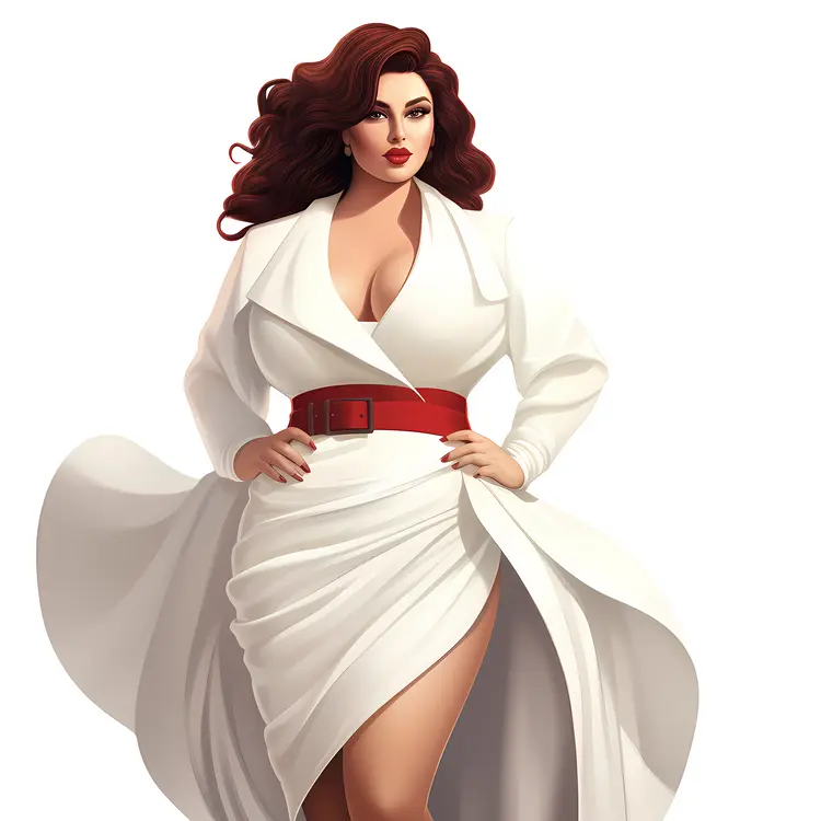 Elegant Woman in White Dress with Red Belt