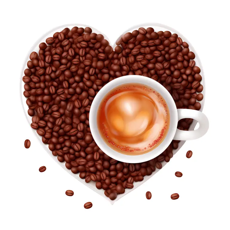 Heart-shaped Coffee Beans and Cup with Latte Art