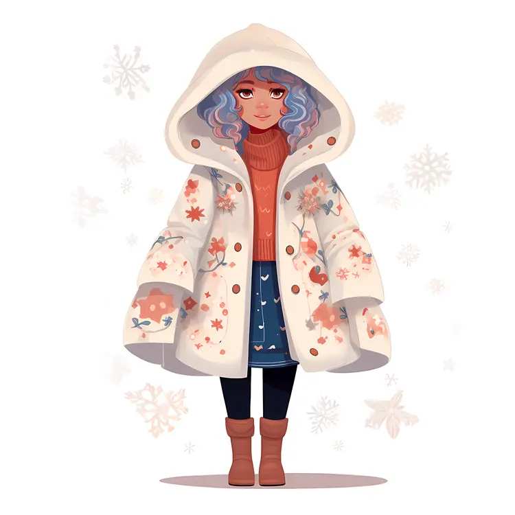 Cute Girl in Winter Coat with Snowflakes