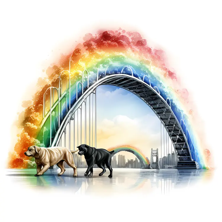 Dogs Walking Under a Rainbow Bridge