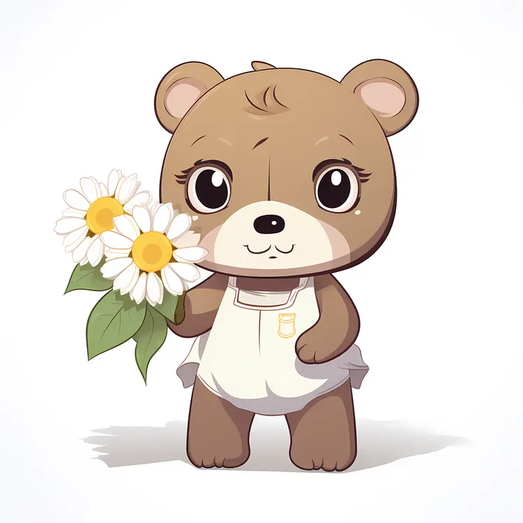 Cute Bear Holding Flowers in Cartoon Style