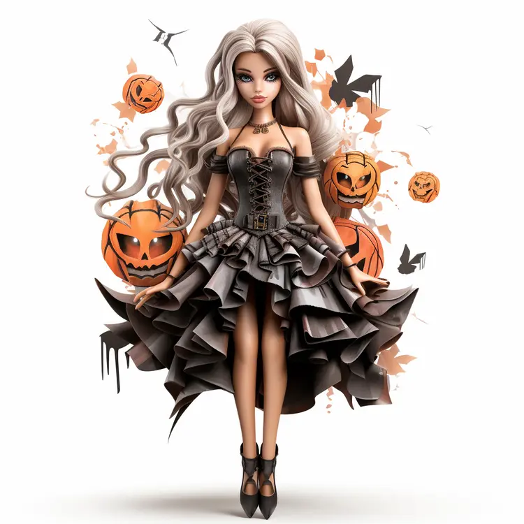 Halloween Doll in Gray Dress with Pumpkins