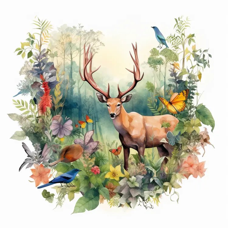 Deer in a Forest with Birds and Butterflies