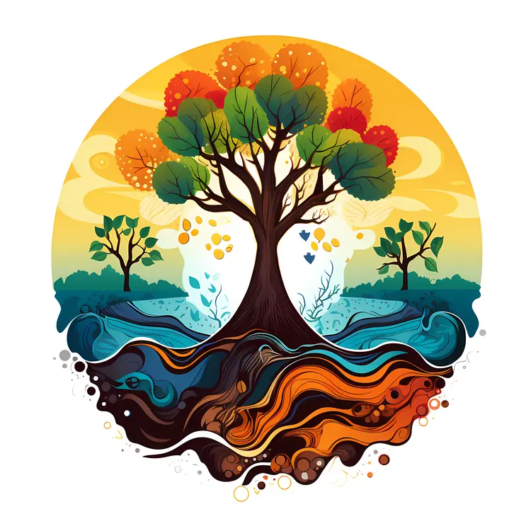 Colorful Tree with Roots and Leaves