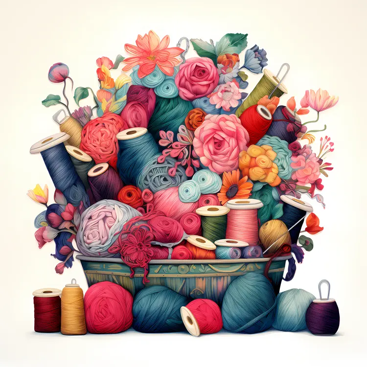 Basket of Colorful Yarn and Flowers