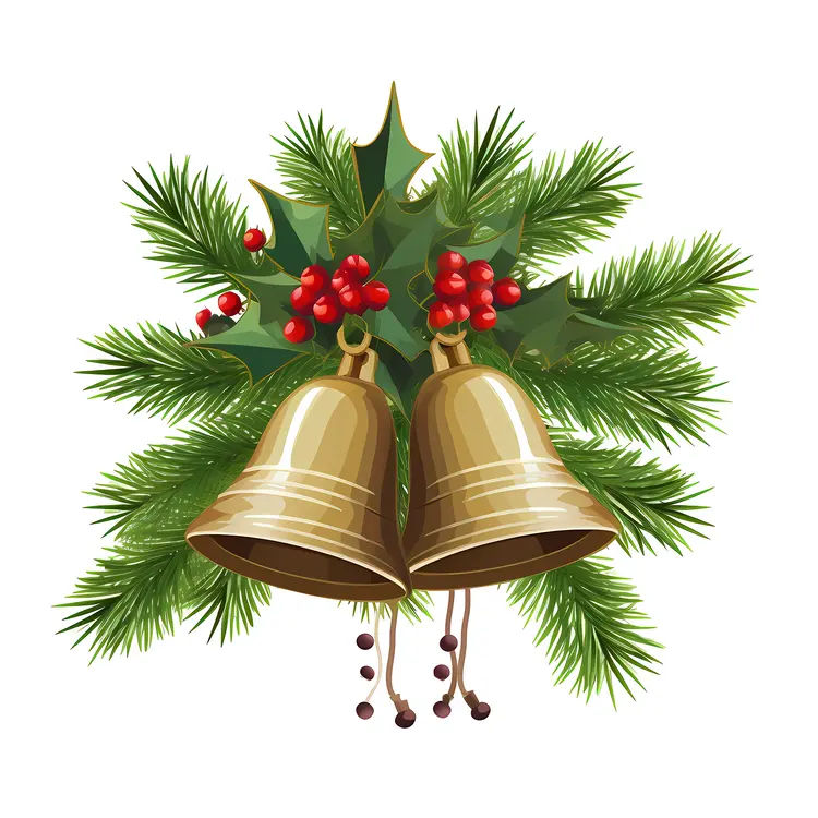 Festive Christmas Bells with Holly Leaves and Berries