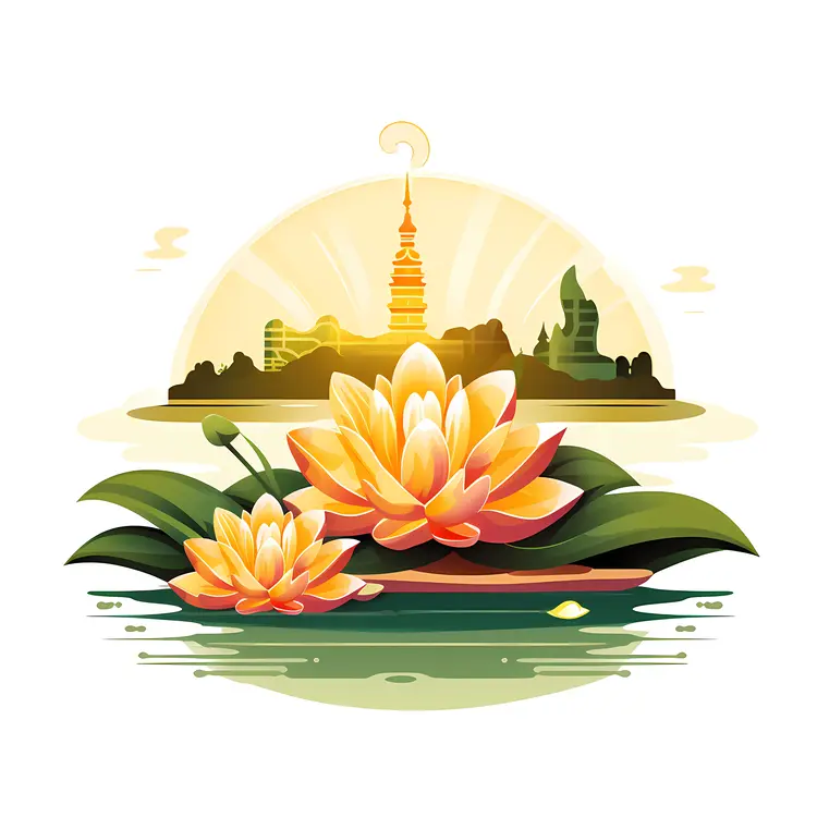 Lotus Flowers and Temple at Sunset