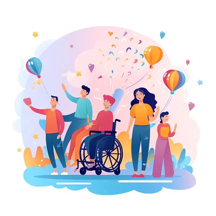 Family Celebration with Balloons and Wheelchair