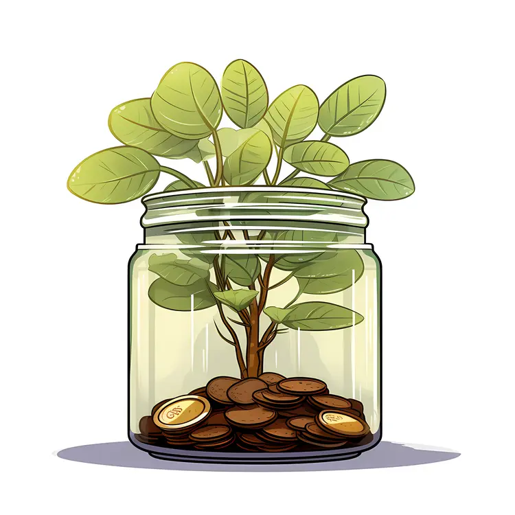 Jar of Coins with Growing Plant Symbolizing Investment