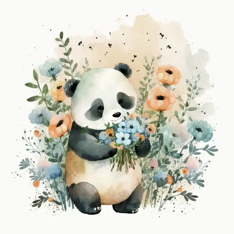 Cute Panda Holding Flowers in Watercolor Style