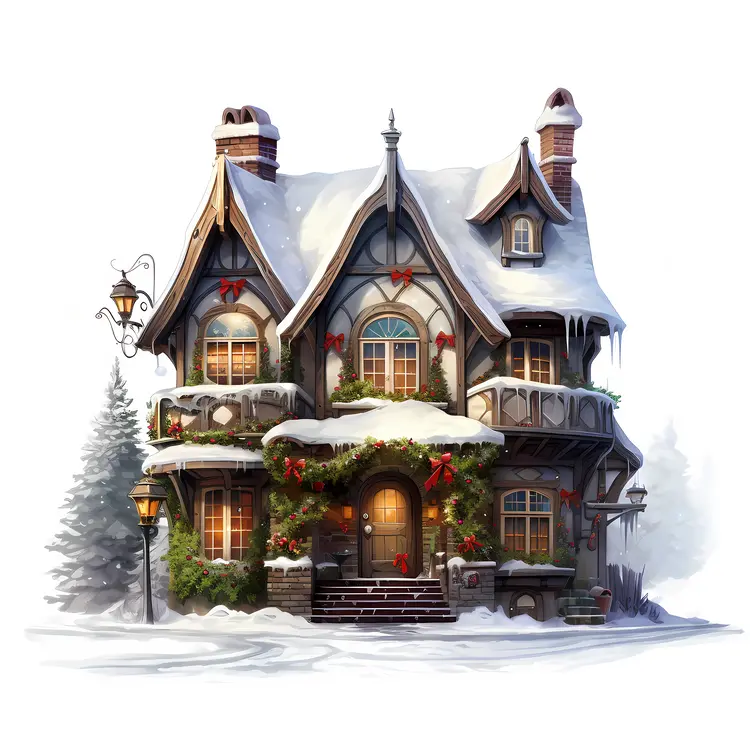 Snowy House with Christmas Decorations