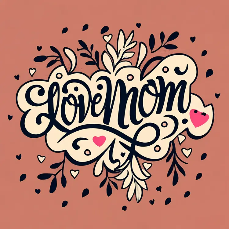 Love Mom Text with Hearts and Flowers