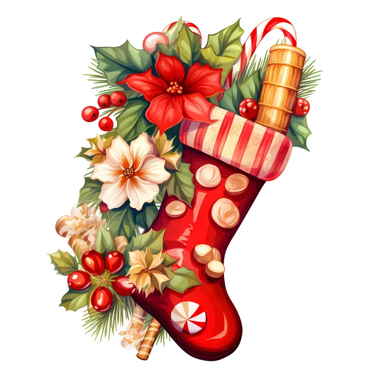 Red Christmas Stocking with Flowers and Candy Cane