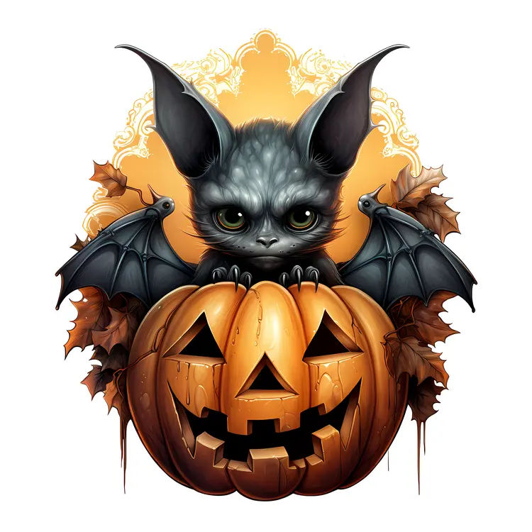 Cute Bat with Pumpkin and Leaves